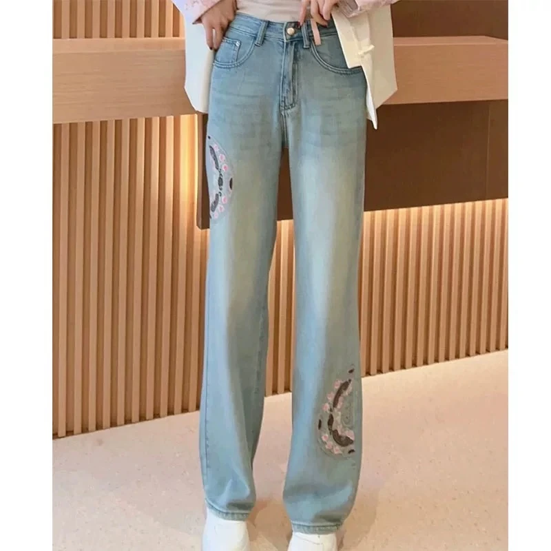 6210-新中式国风阔腿牛仔裤女春秋新款高腰宽松刺绣窄版直筒裤