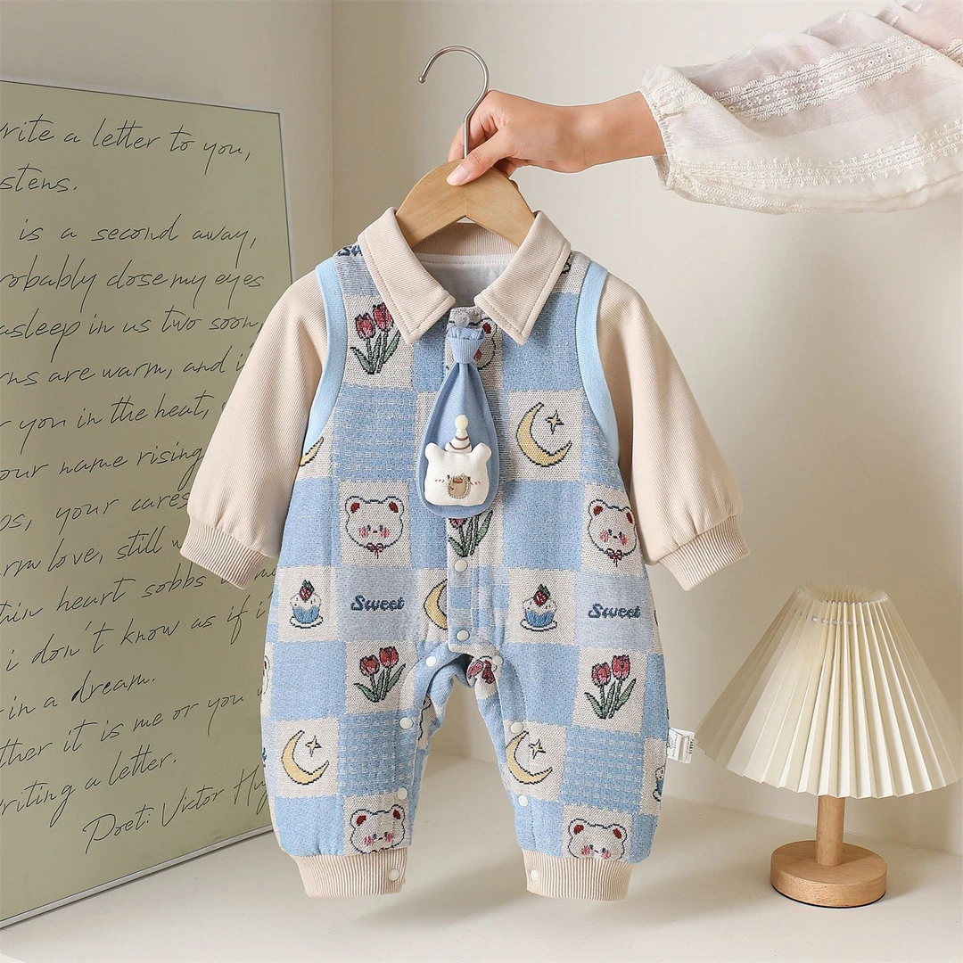 婴儿春秋装男宝宝连体衣服可爱超萌婴幼儿双层学院风哈衣外出爬服