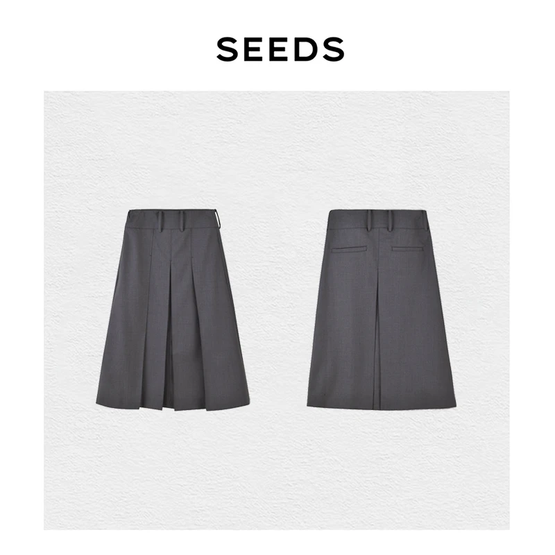 【时髦静奢】SEEDS 前后两穿100S美丽奴羊毛日本和纸手工压褶半裙