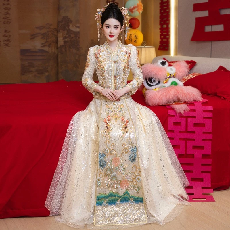 秀禾服夏季薄款2025年新中式秀禾服香槟色新娘结婚礼服敬酒服出阁