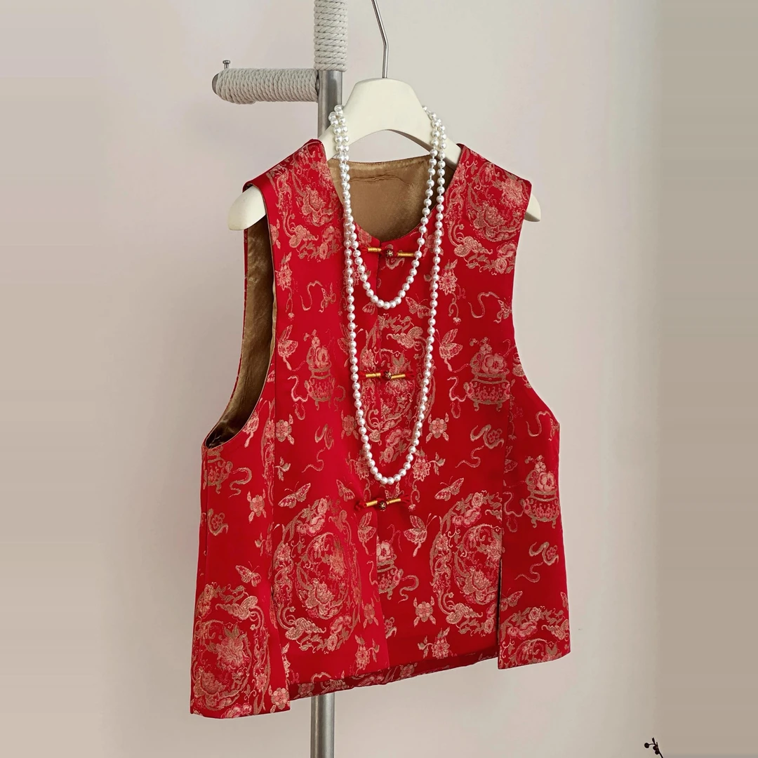 『禧韵』春季新款唐装新中式国风高级感无袖马甲女复古红色提花