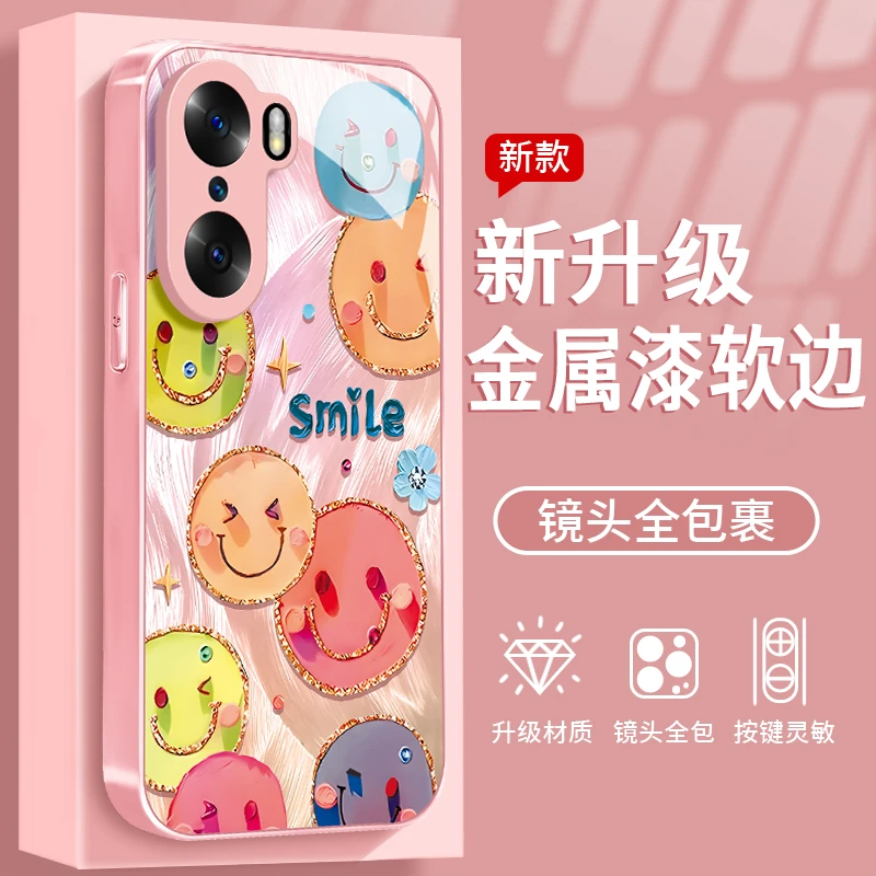 镀边笑脸适用于华为荣耀60Pro手机壳金属漆玻璃全包防摔女款ins