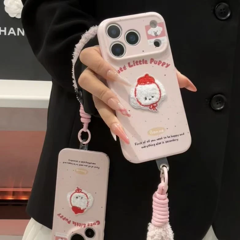 GGBond刺绣红帽小狗挂绳适用苹果16菲林手机壳小米17vivo华为oppo