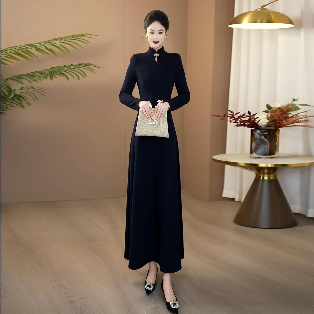 高级简约新中式风优雅连衣裙加绒加厚2025新款遮肉显瘦长裙281