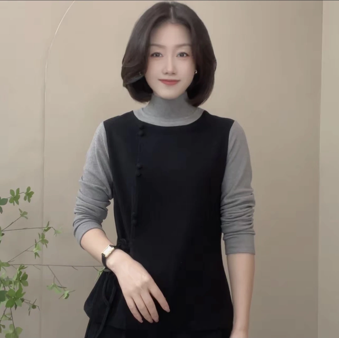 秋冬半高领假两件T恤拼接宽松型女士长袖气质纯色保暖打底衫上衣