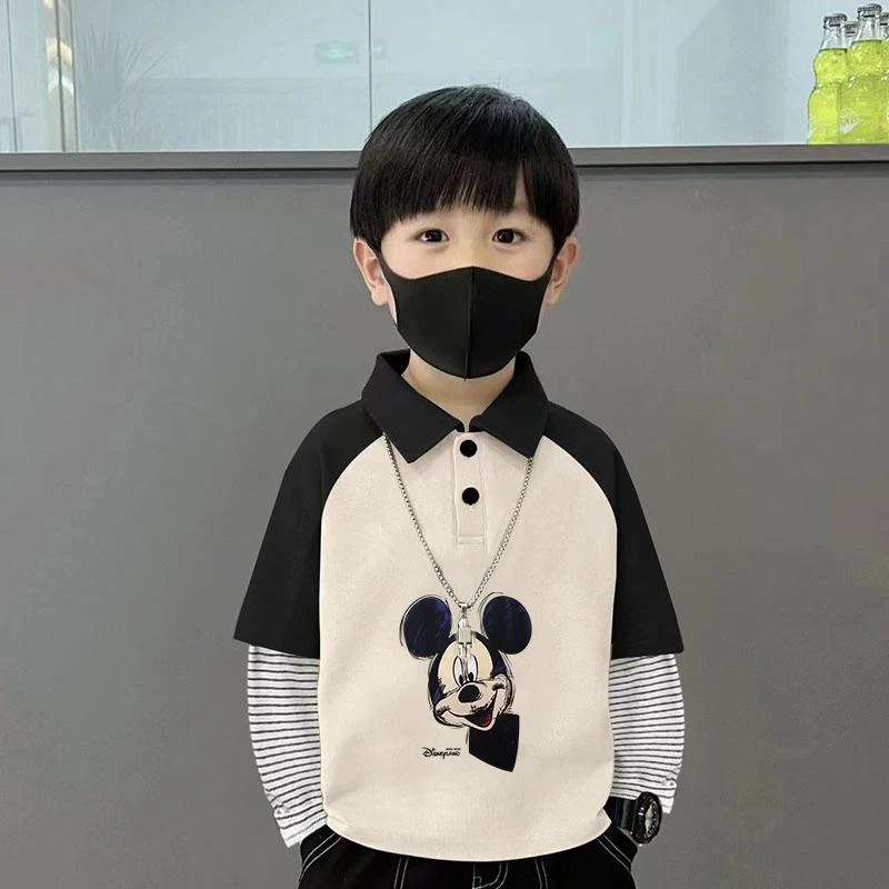 2025新款男童撞色翻领假两件长袖T恤条纹拼接打底衫秋冬季上衣ins