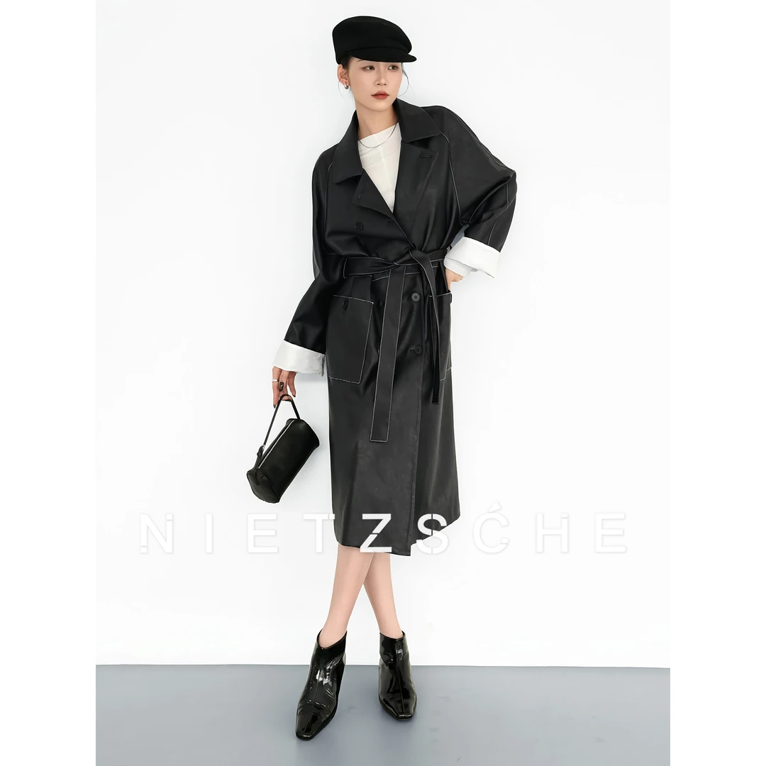 Nietzsche｜中古千金｜白色明线双排扣插肩袖黑色皮衣外套风衣90193