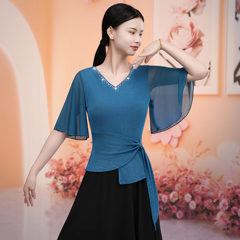 现代舞蹈服练功服女新款身韵舞衣中袖修身上衣形体服烫钻喇叭袖