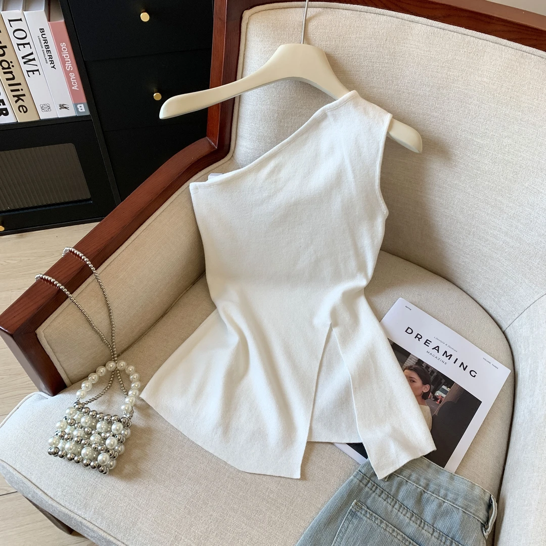 法式设计感开叉斜肩针织衫女装2025夏季别致修身显瘦白色百搭上衣