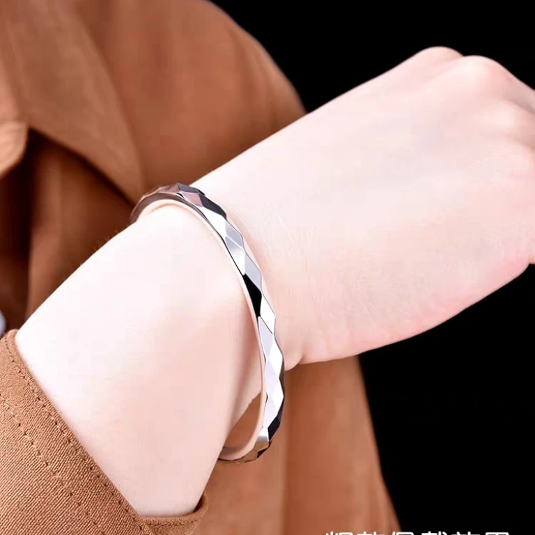 足银手镯 足银999.9水立方炫彩时尚简约光面气质实心手镯 银镯子