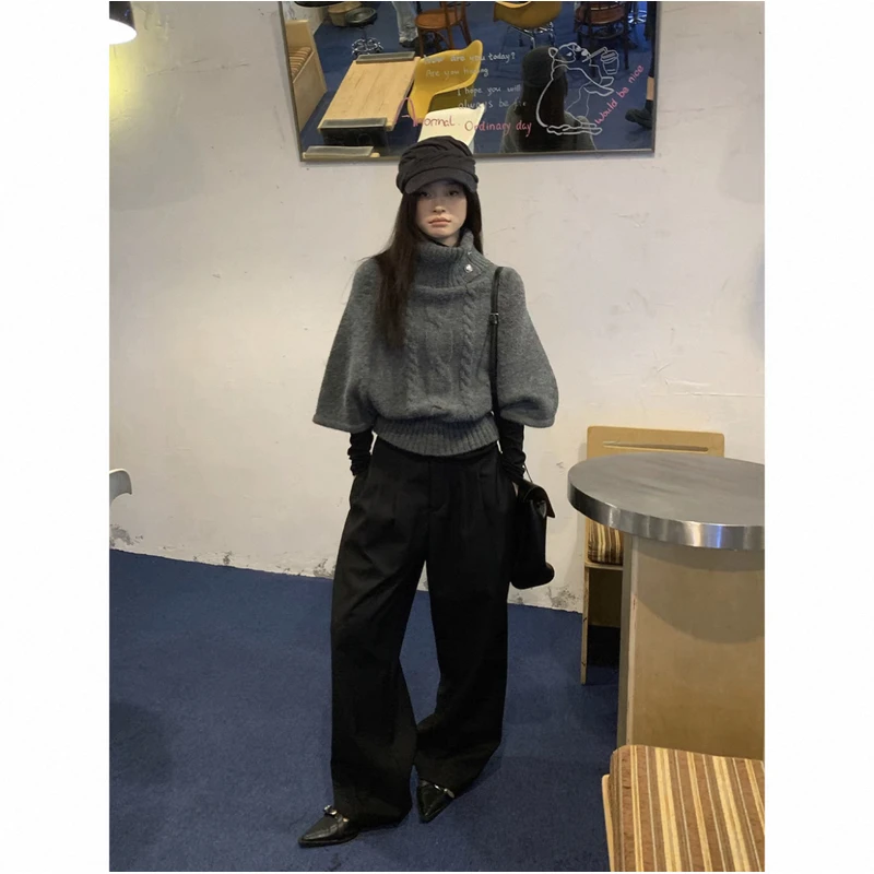 宋正恩黑色西装裤阔腿裤女秋季垂感高级感宽松显瘦弯刀裤ZSSK1553