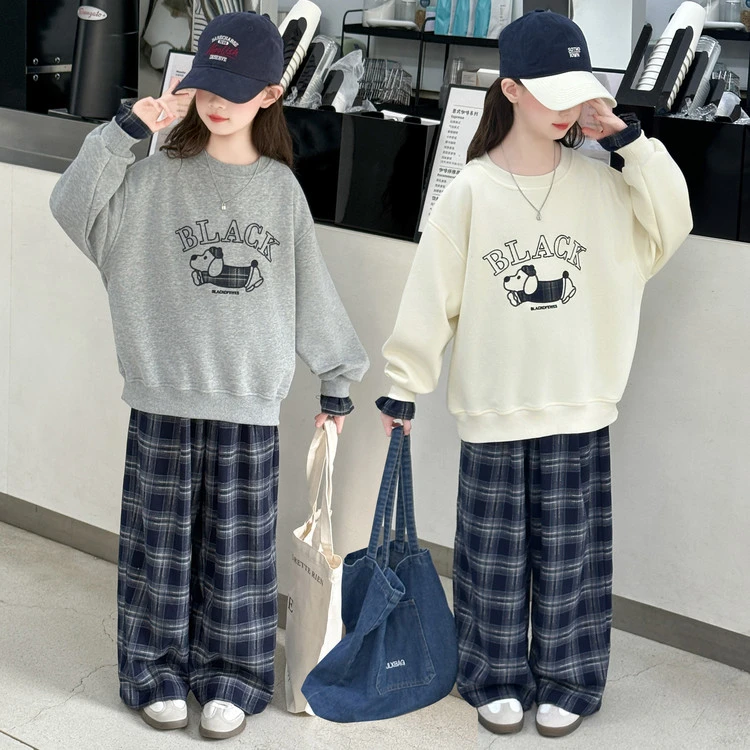 女童假两件卫衣套装春秋2025新款儿童休闲秋装中大童牛仔裤两件套