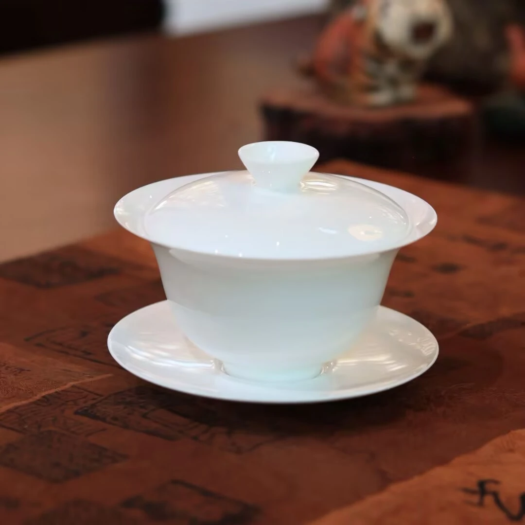 潮州骨瓷大反口三才盖碗工夫茶具纯白盖下约130ML盖碗