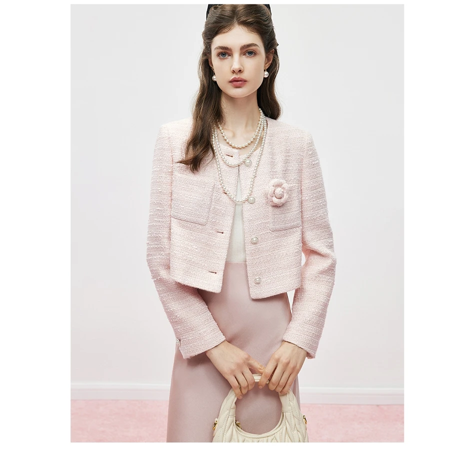 【MandyZhang】千金感粉色小香风外套女春山茶花气质花纱短款上衣