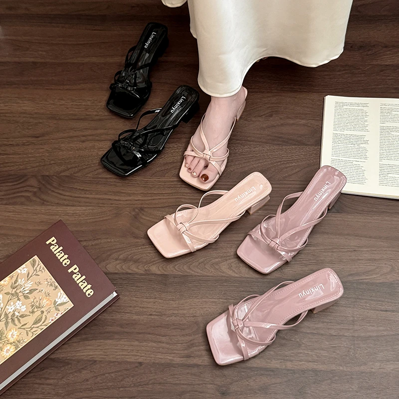 OJRZ法式高级感气质露趾拖鞋女2025夏季新款粗跟仙女风银色凉鞋女