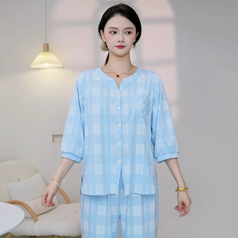 七分袖九分裤睡衣女春秋款纯棉女大码全棉家居服夏天薄款女士套装