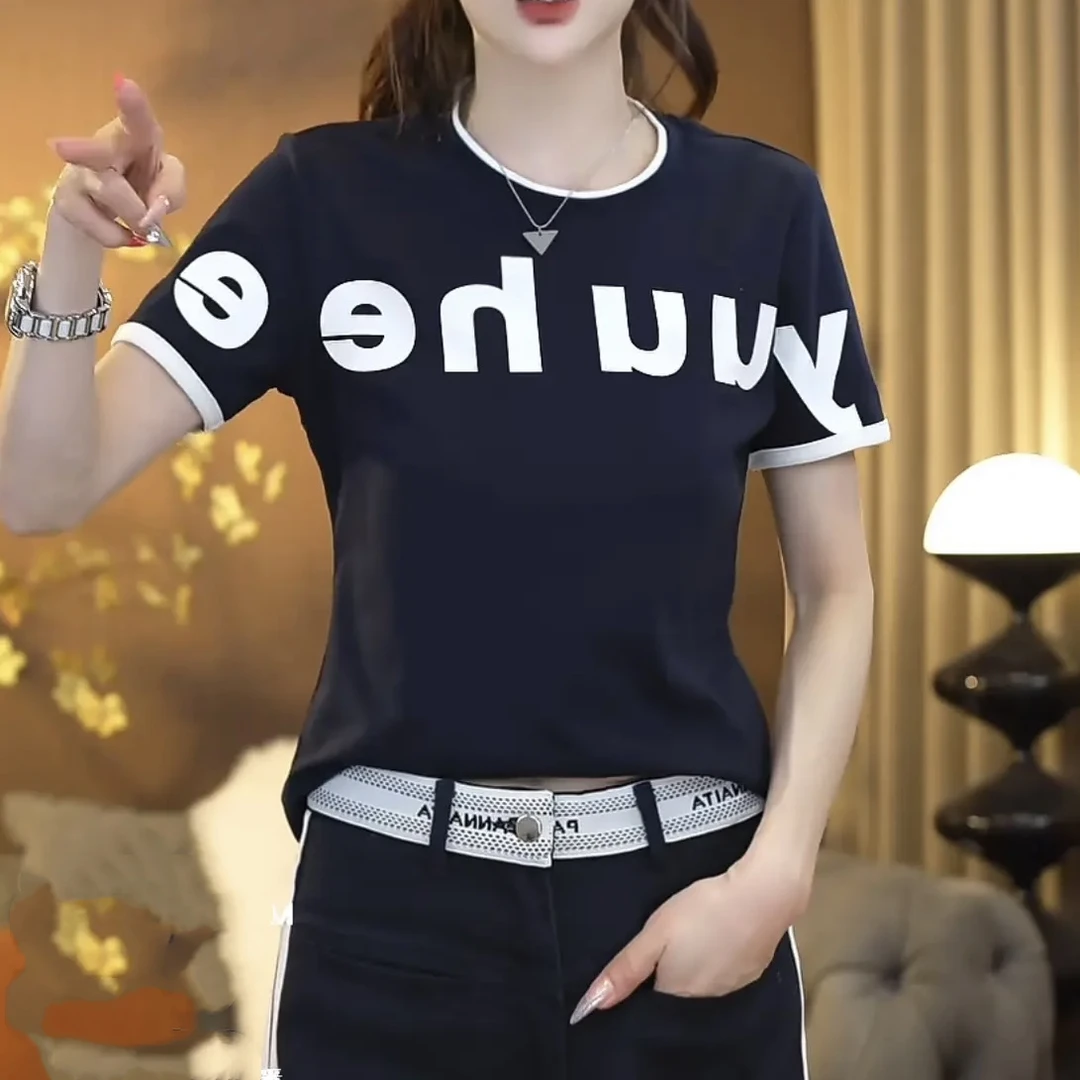 2025夏季新款字母印花短袖T恤女时尚休闲百搭潮流修身韩版上衣