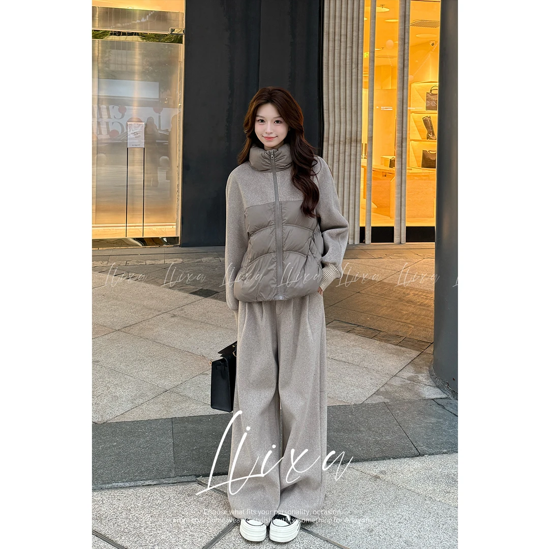 Liixu秋冬立领休闲90白鸭绒羽绒服外套女阔腿裤套装L48TZ018