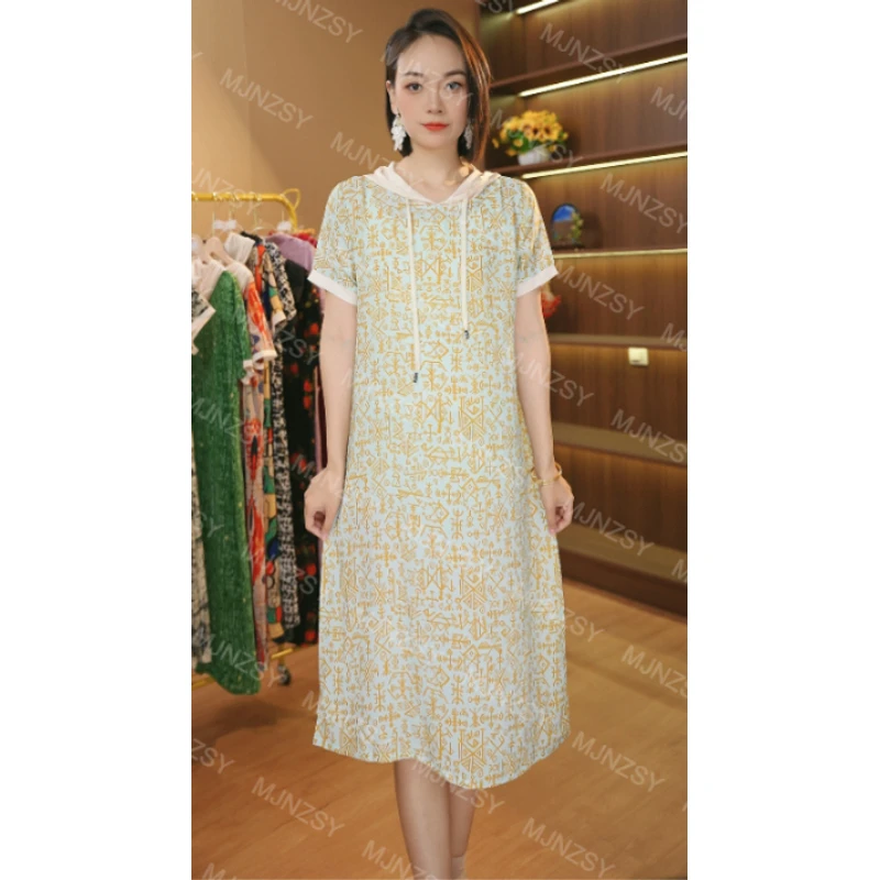 夏季新款连帽小清新过膝中长款气质连衣裙