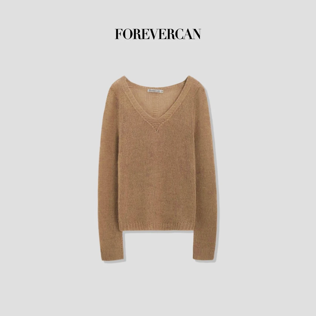 FOREVERCAN“秋意浓”极简慵懒风V领套头茶棕色针织毛衣 CANMY3078