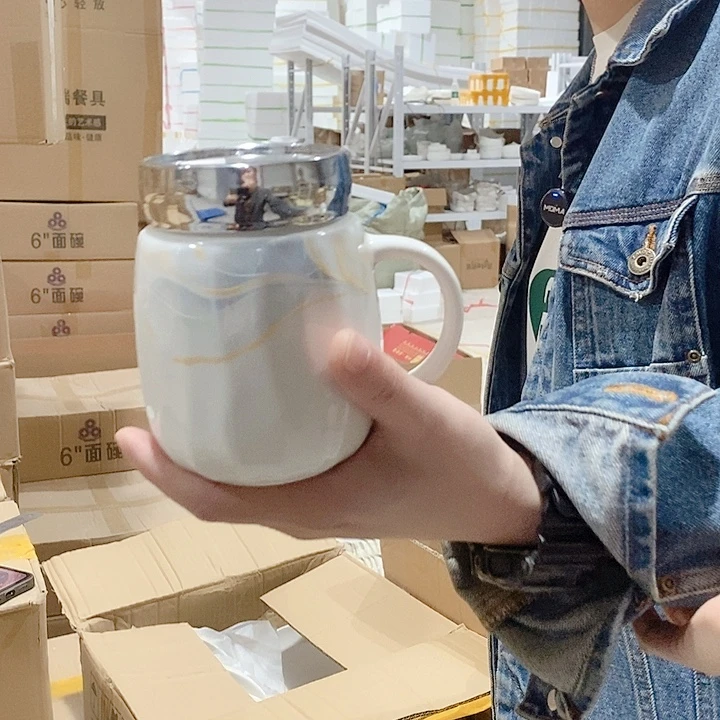 白瓷陶瓷水杯带盖1个装