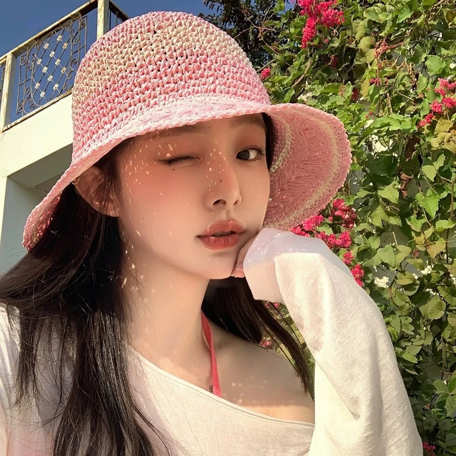 2025新韩系粉色麦穗花条纹草帽女春夏度假大帽檐甜美防晒渔夫帽子