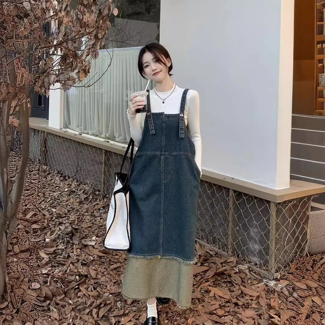 法式复古撞色拼接牛仔背带裙女不规则韩系慵懒风松弛感连体牛仔裙