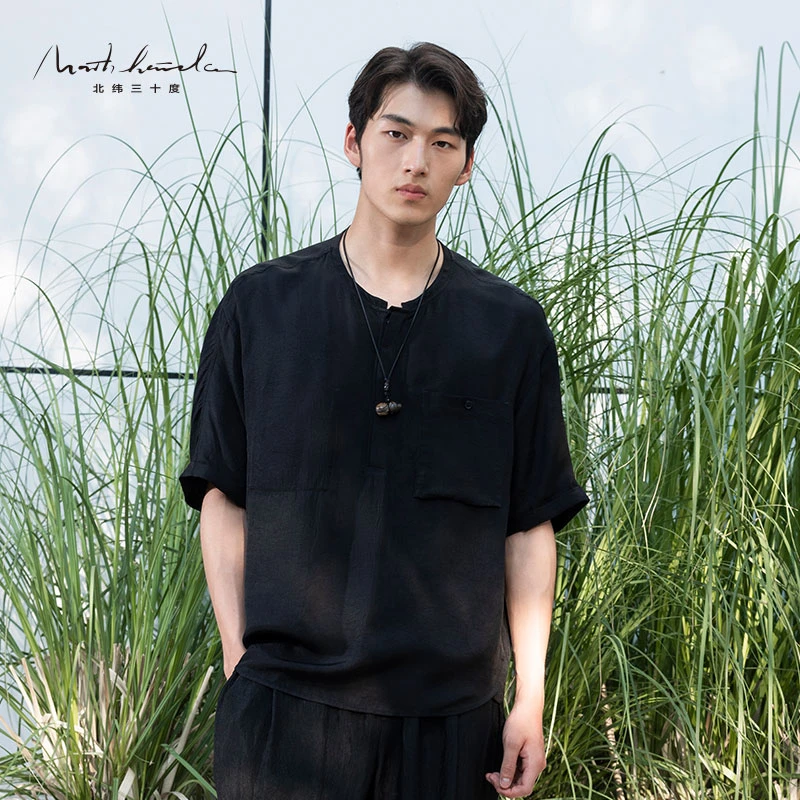 北纬三十度设计师男装夏季时尚百搭潮流复古透气醋酸衬衫休闲衬衣