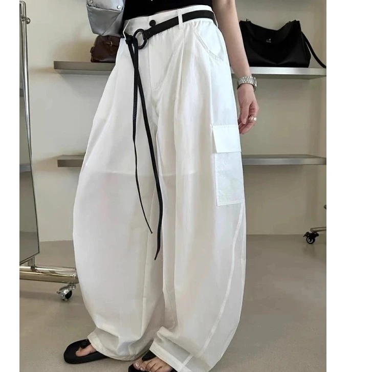 202大口袋高腰弯刀气球裤女夏季新款宽松配腰带阔腿休闲工装长裤