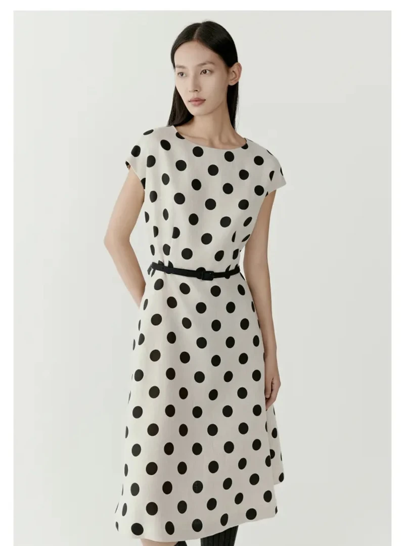 【之H】2025春夏新款斜纹亚麻及膝连衣裙1046