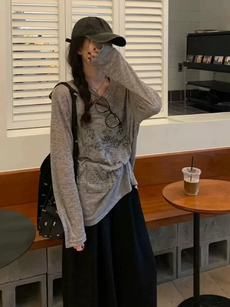 花生酱秋季薄款罩衫松弛感宽松长袖t恤女秋季空调防晒慵懒上衣