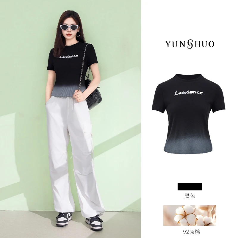 允硕夏季新品时尚百搭女装渐变圆领字母修身T恤短袖上衣325348