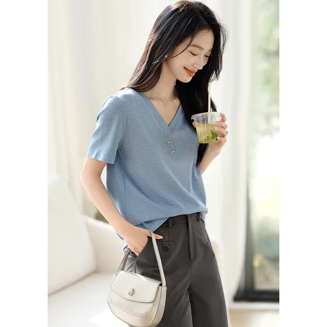 XWI/欣未简约百搭V领短袖2025夏新款气质宽松柔软舒适多色T恤0894