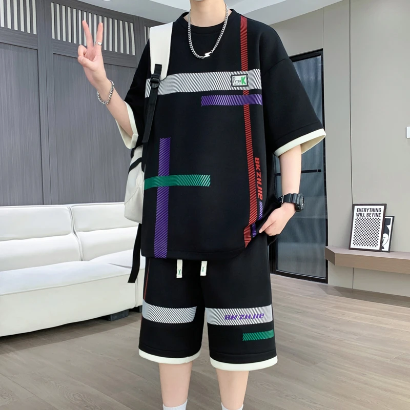 潮森罗薄款T恤夏季胖男生休闲运动套装休闲宽松个性ins帅气潮流