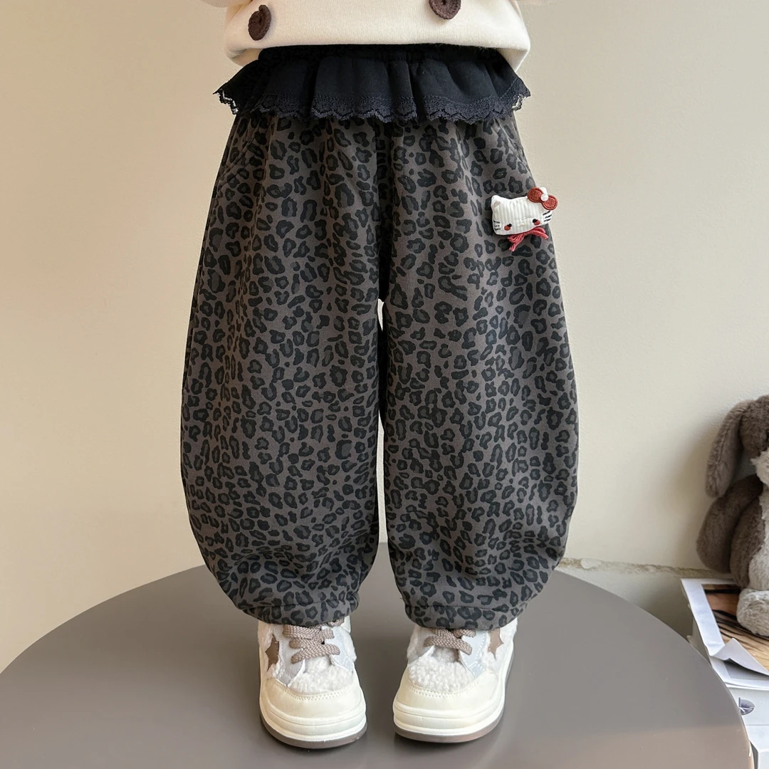 女童加绒裤子秋冬季2025新款洋气儿童豹纹休闲裤女宝宝冬装长裤潮