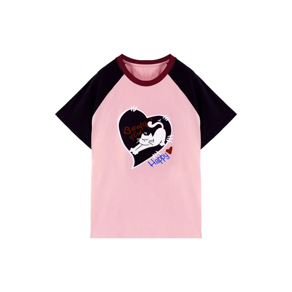 RATX52917 刺绣爱心猫咪T恤女2025夏季新款圆领短袖宽松休闲上衣