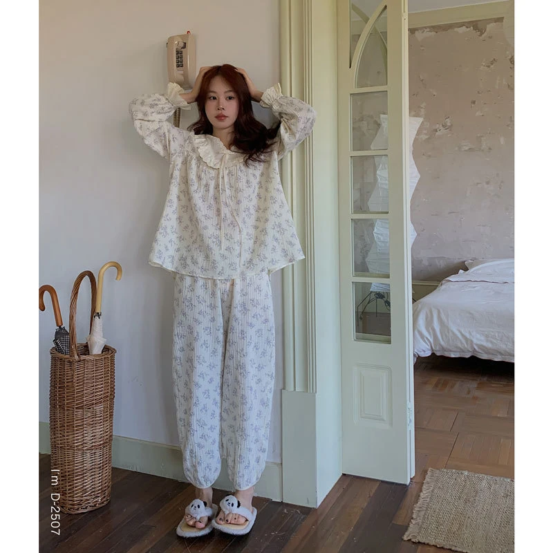 杜小宅素雅小时光蕾丝棉纱衣碎花甜美蕾丝花边睡衣公主风家居服女