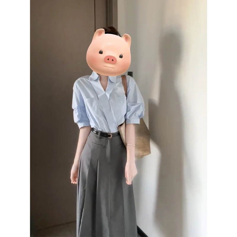 2025夏季新款女韩系穿搭修身翻领短袖衬衫气质高腰显瘦A字半身裙