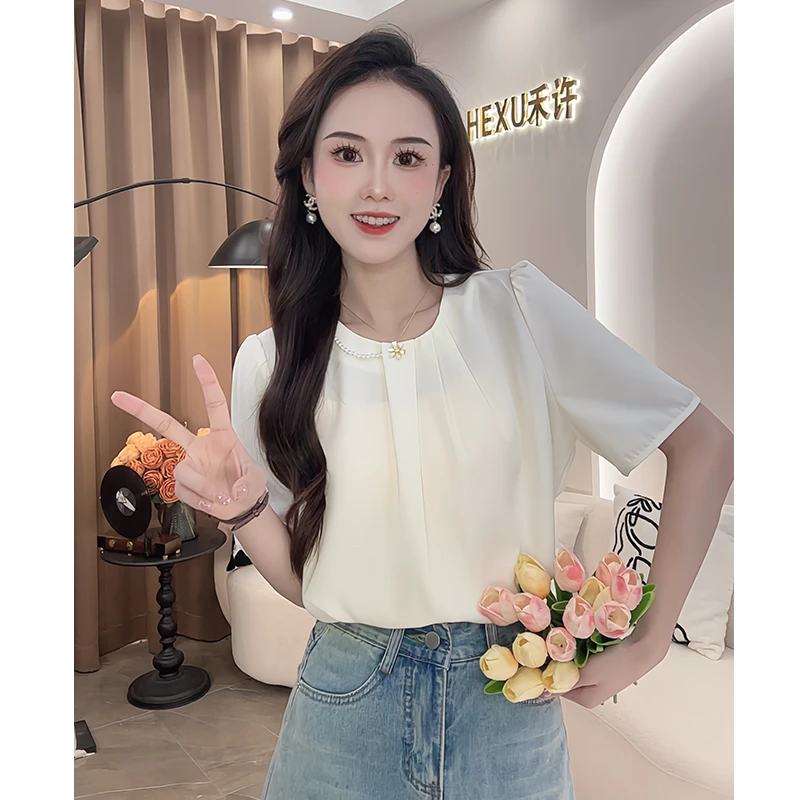 法式褶皱圆领甜美别致短袖衬衫女2024夏季新款设计感小众宽松小衫