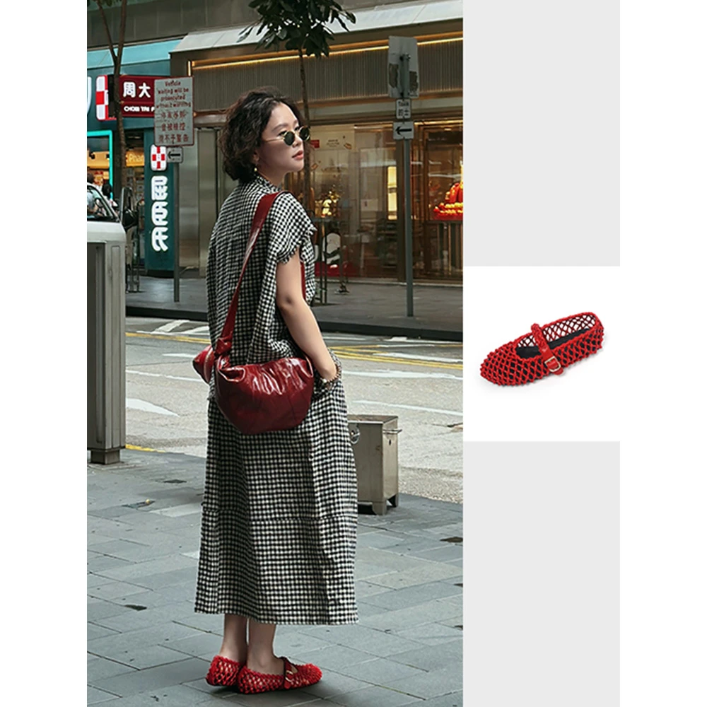 Y【叭哒不惑】平底镂空编织玛丽珍鞋圆头单鞋清凉感时尚鞋子