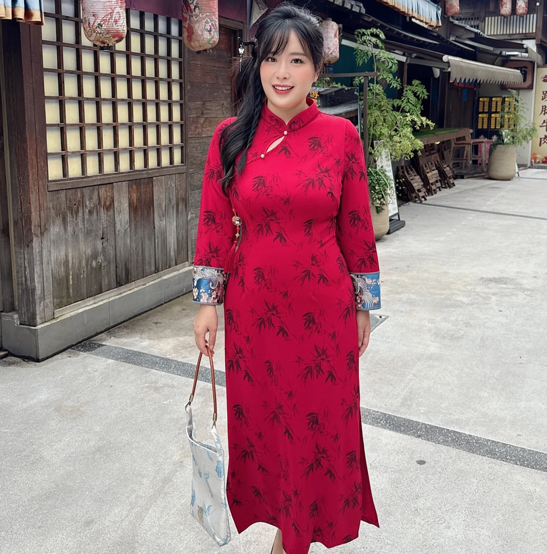 码加加51820胖MM2025秋高级感温柔显白竹叶印花旗袍连衣裙