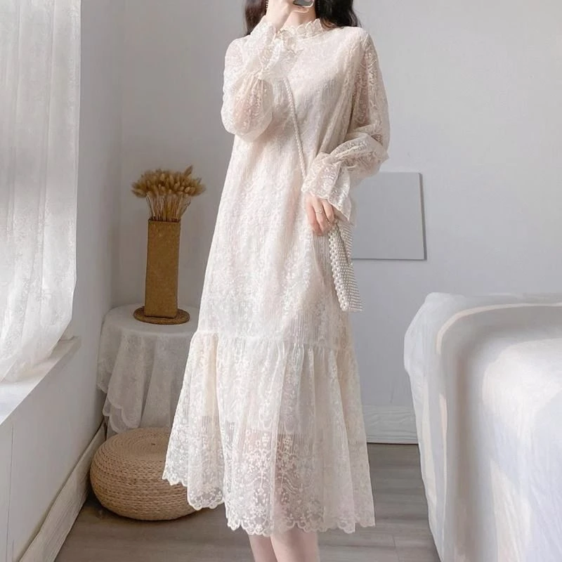 TSKM法式蕾丝连衣裙长袖女2025秋季韩版时尚圆领中长裙收腰显瘦超