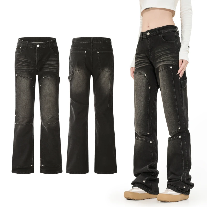 美式复古水洗做旧喷马骝潮流个性铆钉拼接修身显瘦微喇叭牛仔裤女