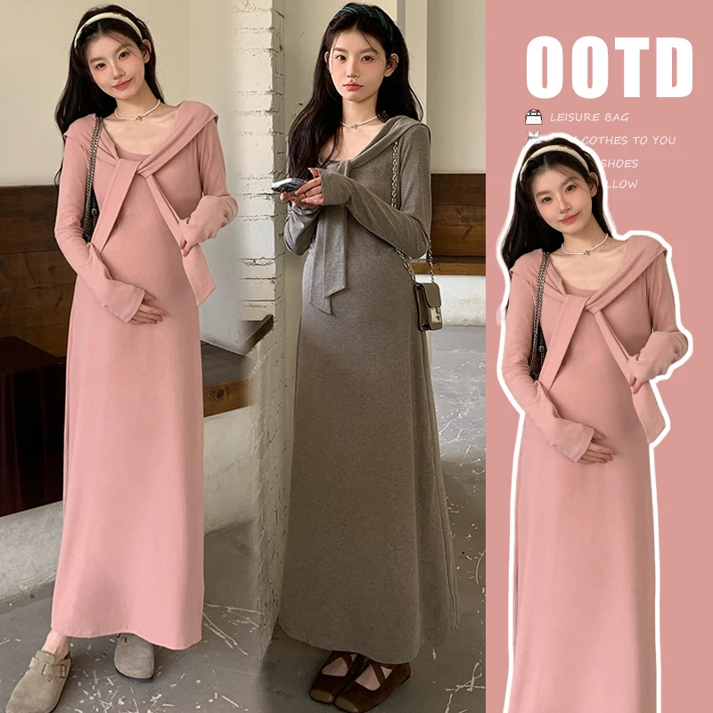 时髦孕妇装新款2025早春新品韩版时尚款洋气早春披肩假两件连衣裙