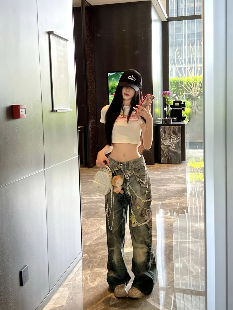 【雅痞妹妹】2025夏季新款字母印花短款上衣配高腰牛仔阔腿裤两件套