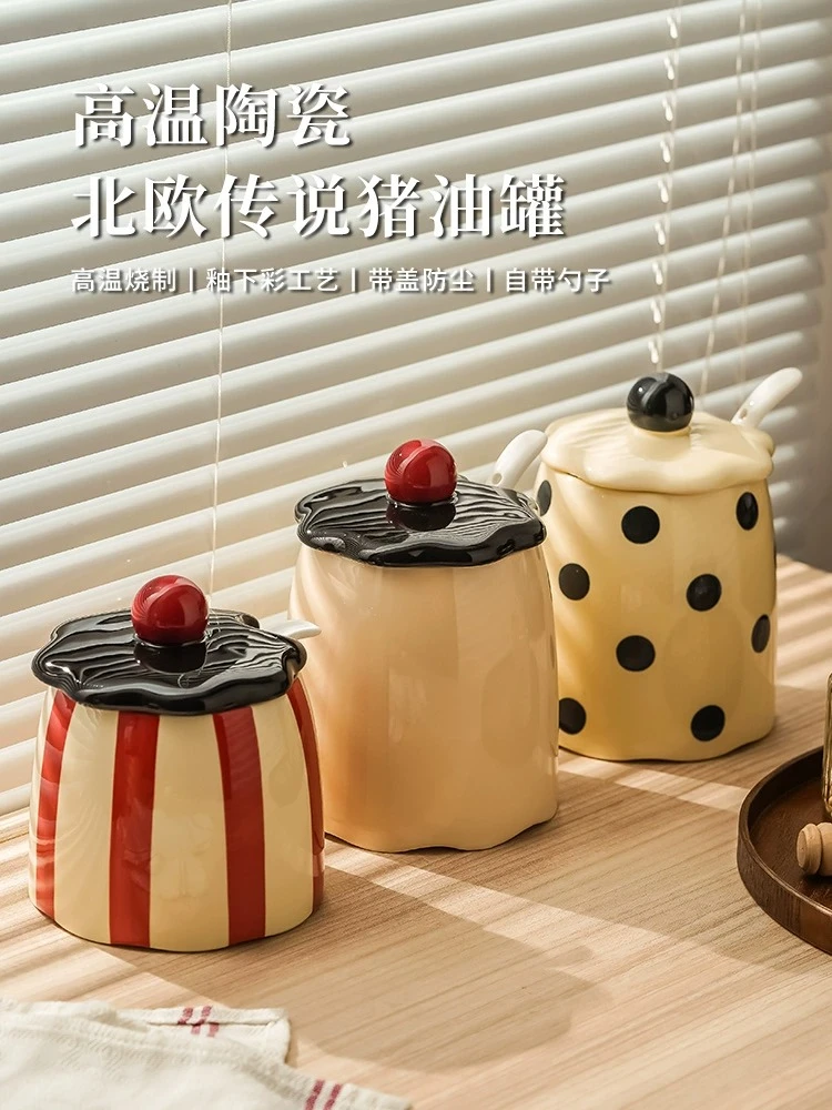 【大梦梦专属】高颜值猪油罐家用陶瓷高温油罐带勺食品级专用罐