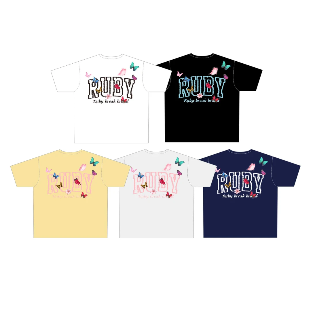 Rosepoem2025夏季ins潮牌仿手刺绣LOGO设计感宽松oversize短袖T恤