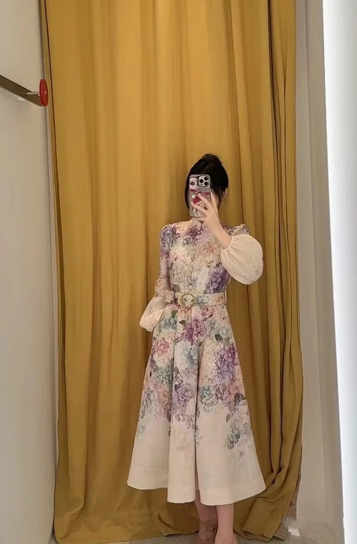 绣球花灯笼袖小立领长款连衣裙