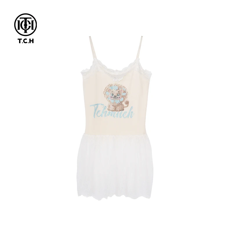 TCH现货私服烫钻小狮子拼接蕾丝白色吊带女夏T75A14E5003轻奢tch