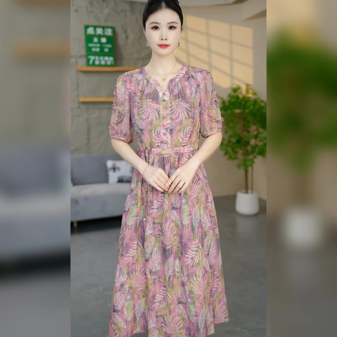 2025新款夏季气质收腰修身显瘦洋气中长款连衣裙短袖时尚妈妈装